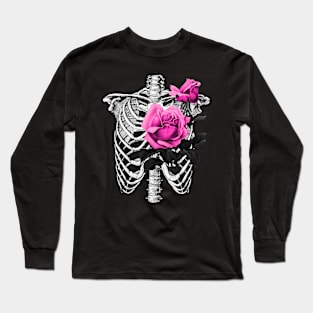 Floral Rib Cage Hot Pink Roses Halloween Goth Occult Long Sleeve T-Shirt